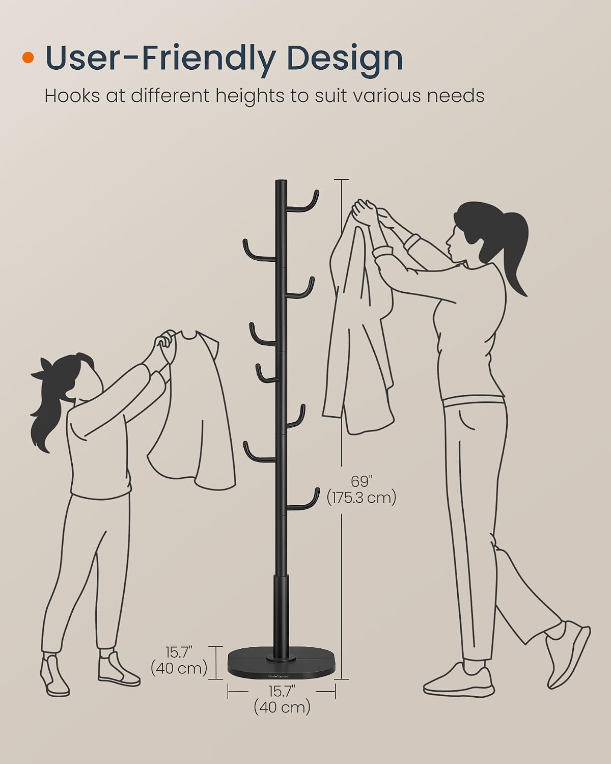 SONGMICS HOME Cactus-Shaped Coat Rack, Freestanding Coat Tree, Coat Hanger Stand with 8 Sturdy Hooks, with Curved Ends, for Clothes, Hats, Bags, Ink Black URCR039B01