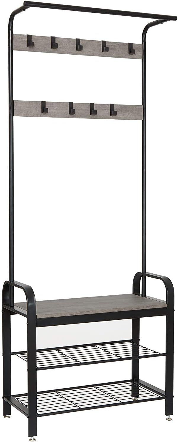 Meerveil Coat Stand, 183 cm Coat Rack with with Shoe Storage Bench, 9 Hooks | Coat and Shoe Rack Metal Clothes Rail Industrial Style for Hallway Entryway Small Space, 72 x 34 x 183 cm, Grey