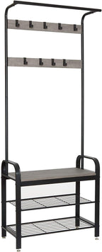 Meerveil Coat Stand, 183 cm Coat Rack with with Shoe Storage Bench, 9 Hooks | Coat and Shoe Rack Metal Clothes Rail Industrial Style for Hallway Entryway Small Space, 72 x 34 x 183 cm, Grey