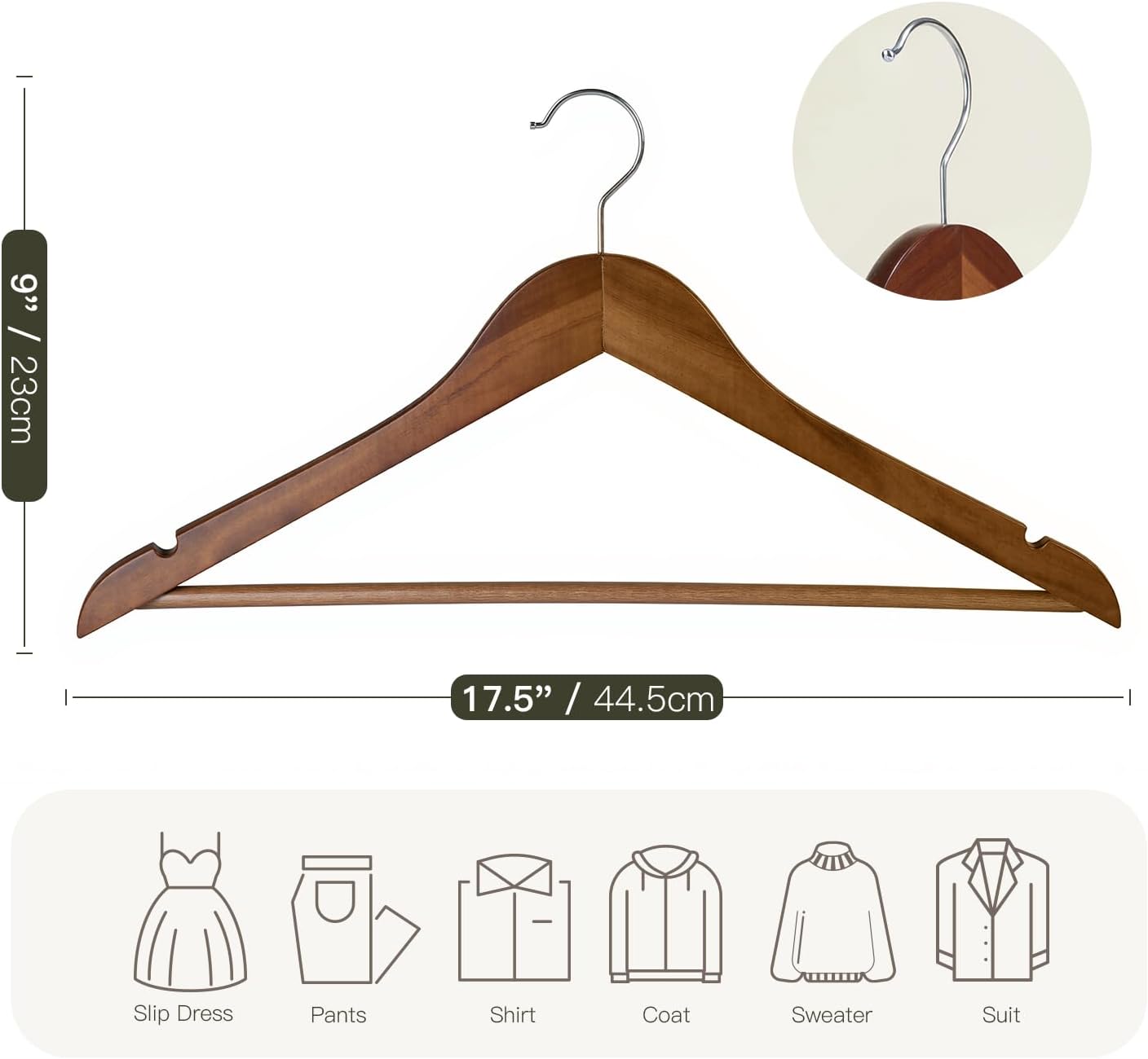 Wooden Hangers 30 Pack,Heavy Duty Solid Wooden Clothes Hangers with Pant Bar,360-Degree Rotatable Hook,Durable & Slim Wood Hangers for Coats,Jackets,Dress,Pants(Walnut)
