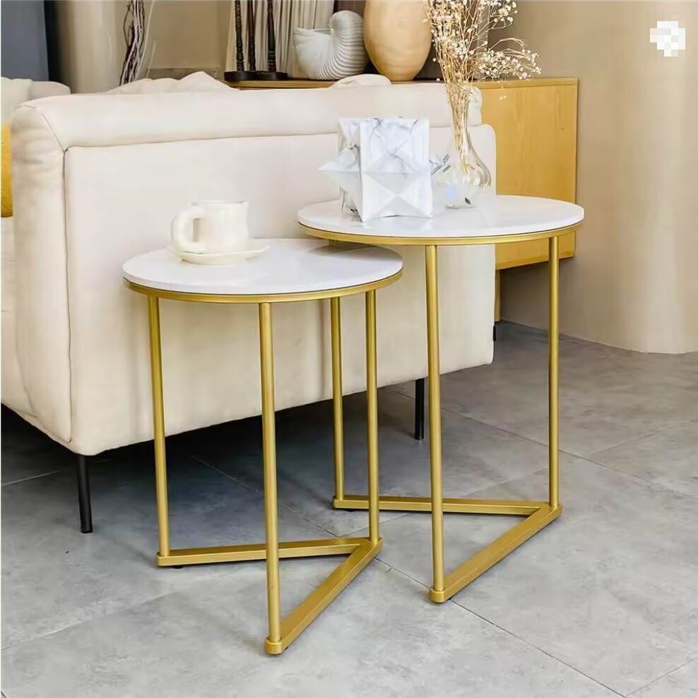 Set of 2 Modern Round Marble Metal Base Nesting Set Side Accent Table Living Room Storage Small End Table, Coffee Table, Marble and Gold