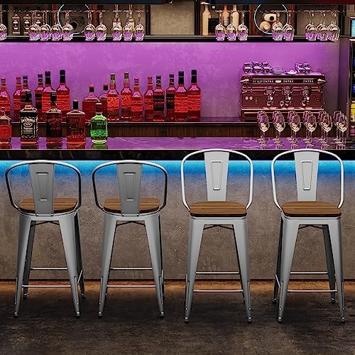 Andeworld Metal Bar Stools Counter Height Stools Dining Chairs High Back Industrial Barstools Set of 4 (30inch,Silver)
