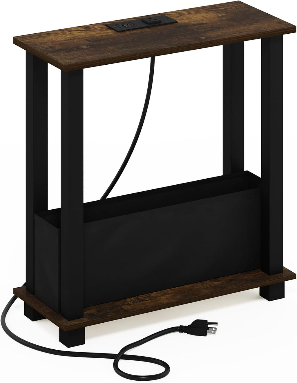 Furinno Turn-S-Tube 2-Tier Slim Narrow Side Table with Charging Station and Storage Bins, End Table, Night Stand, Bedside Table with USB and Type-C Charging Port, for Living Room, Bedroom, Amber Oak