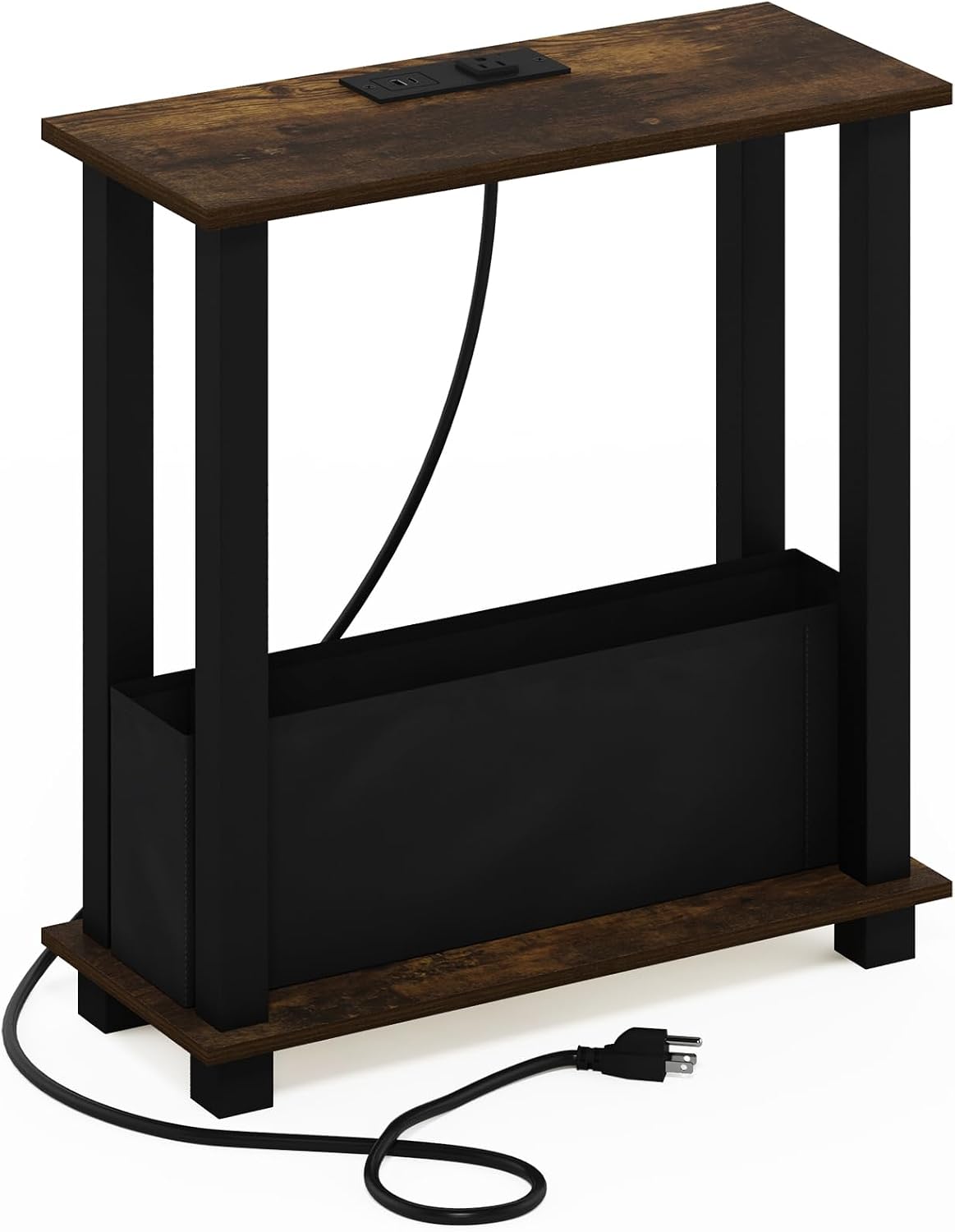 Furinno Turn-S-Tube 2-Tier Slim Narrow Side Table with Charging Station and Storage Bins, End Table, Night Stand, Bedside Table with USB and Type-C Charging Port, for Living Room, Bedroom, Amber Oak