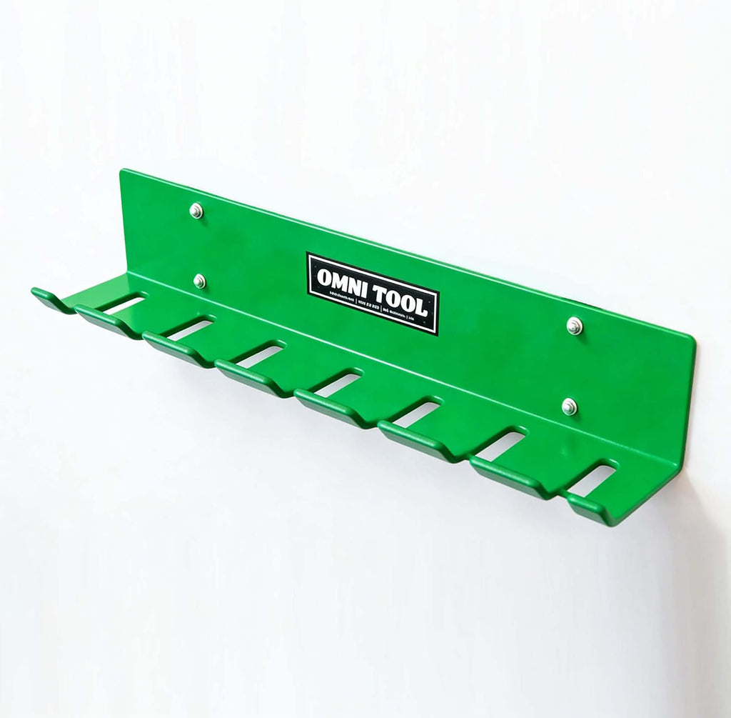 LAUCO Omni Tool Wall Mounted Paint Spray Gun Holder Holds 7 Guns without Cups or 4 with Cups, Heavy Duty Screw Mount Rack, Stable Scratch-Free Design, Green, 1 Pack