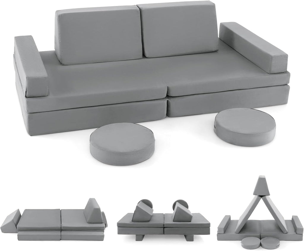 Costzon Kids Play Couch Sofa, Large Modular Folding Sofa Building Fort Playset with Handle, Machine-Washable Cover, Convertible Foam Cushion for Playroom Bedroom Boys Girls Gifts (10-Piece, Gray)