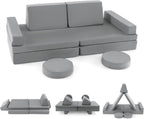 Costzon Kids Play Couch Sofa, Large Modular Folding Sofa Building Fort Playset with Handle, Machine-Washable Cover, Convertible Foam Cushion for Playroom Bedroom Boys Girls Gifts (10-Piece, Gray)
