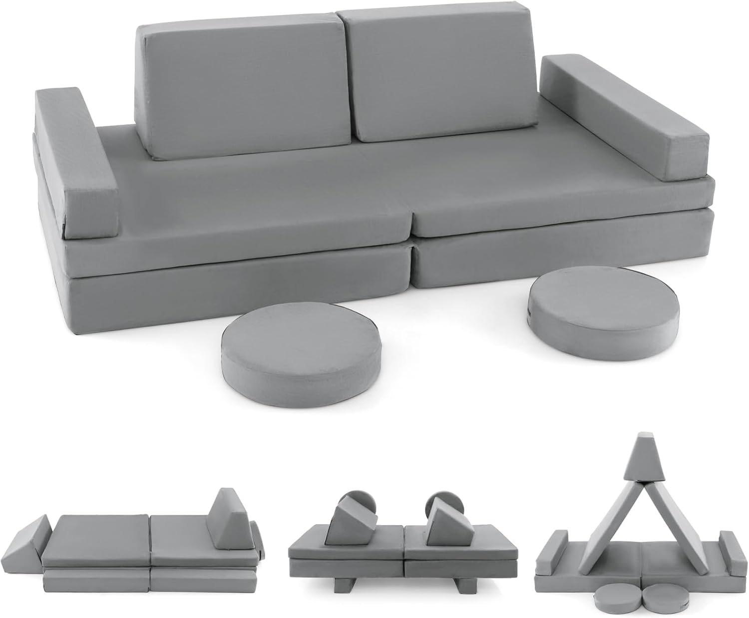 Costzon Kids Play Couch Sofa, Large Modular Folding Sofa Building Fort Playset with Handle, Machine-Washable Cover, Convertible Foam Cushion for Playroom Bedroom Boys Girls Gifts (10-Piece, Gray)