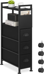 Oppro 3 Drawer Narrow Dresser Side End Table Small Spaces, Slim Nightstand Bedside Sofa Table with Wheels, Space Saving Skinny Thin Couch Desk with Storage Bag for Bedroom Living Room Bathroom,Black