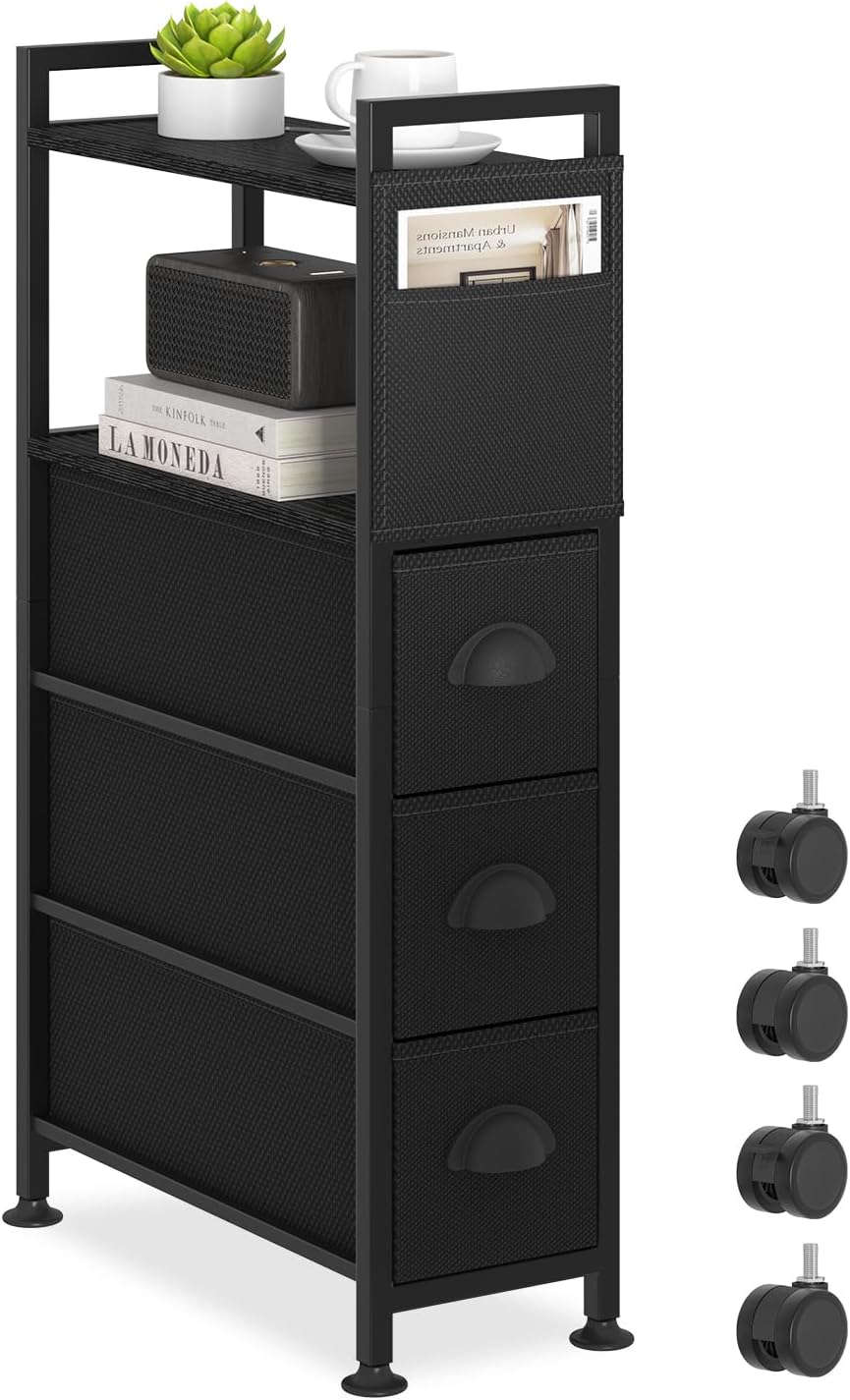 Oppro 3 Drawer Narrow Dresser Side End Table Small Spaces, Slim Nightstand Bedside Sofa Table with Wheels, Space Saving Skinny Thin Couch Desk with Storage Bag for Bedroom Living Room Bathroom,Black