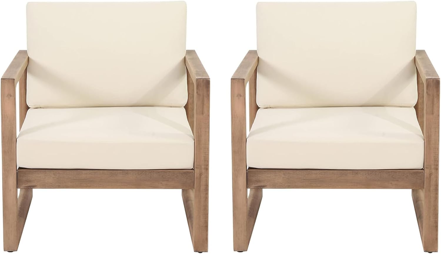 Acacia Wood Patio Club Chair Set of 2 with Water-Resistant Cushions, Outdoor Deep Seating Furniture for Garden, Porch, Backyard, Brown Wash with Beige Cushion