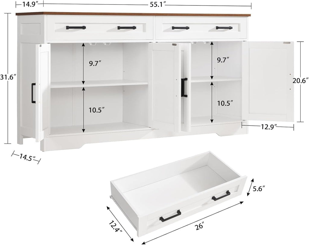Buffet Cabinet with Storage, Drawers & Adjustable Shelves, 55" Large Sideboard with Doors, Modern Coffee Bar Cabinet for Kitchen or Living Room, White