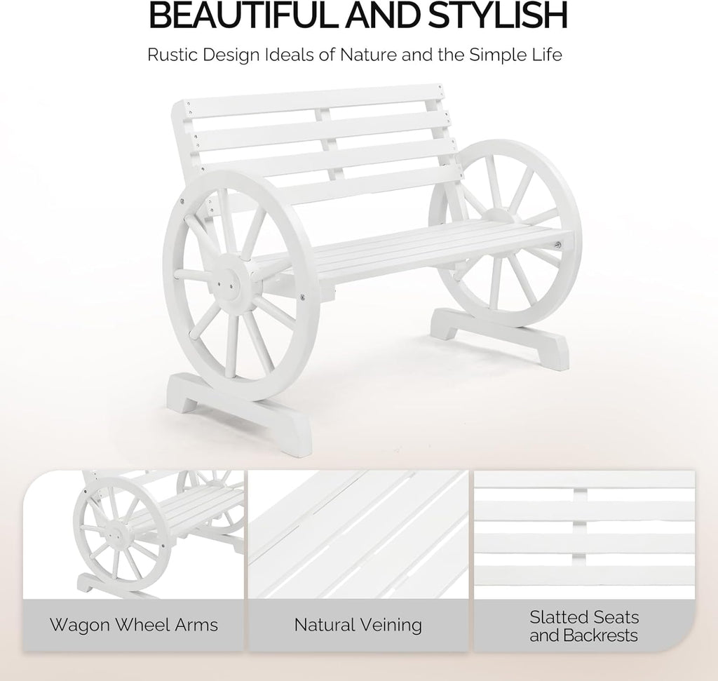 VINGLI Rustic Wooden Wheel Bench Outdoor Bench, Patio Bench Wagon Slatted Seat, Garden Benches for Outdoors 350lbs High Capacity, Weather Resistance (White, 41in)