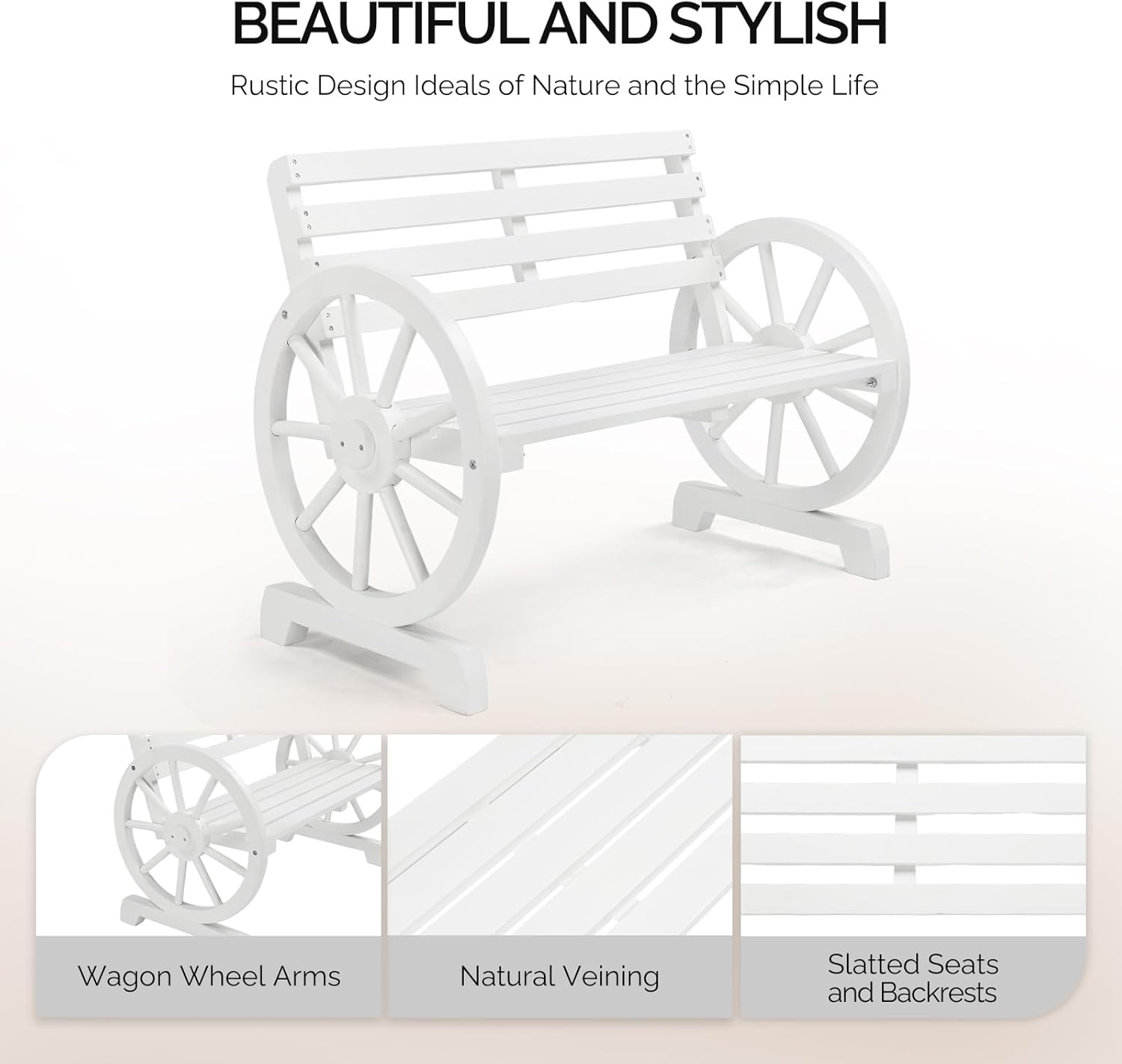 VINGLI Rustic Wooden Wheel Bench Outdoor Bench, Patio Bench Wagon Slatted Seat, Garden Benches for Outdoors 350lbs High Capacity, Weather Resistance (White, 41in)