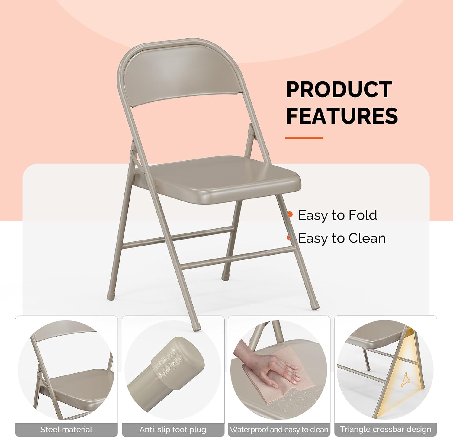 Bonnlo All Iron Metal Folding Chair,Lightweight Portable Folding Chair,Indoor/Outdoor Dual-Use Seating,Khaki(8 Pack)
