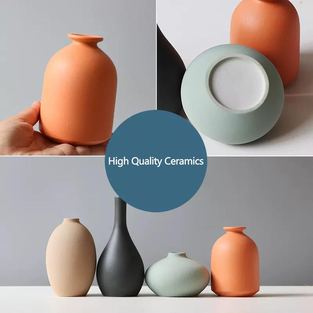 Ceramic Vase Set of 4 with Dried Flowers Round Matte | For Modern Minimalist Bohemian, Pampas Grass, Home, Office, Shelf, Living Room, Bedroom,Entryway Decor
