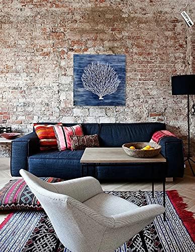 Yihui Arts Navy Blue Canvas Wall Art Hand Painted White Coral Painting Modern Abstract Tree Pictures Coastal Artwork for Bedroom Living Room Bathroom Decor