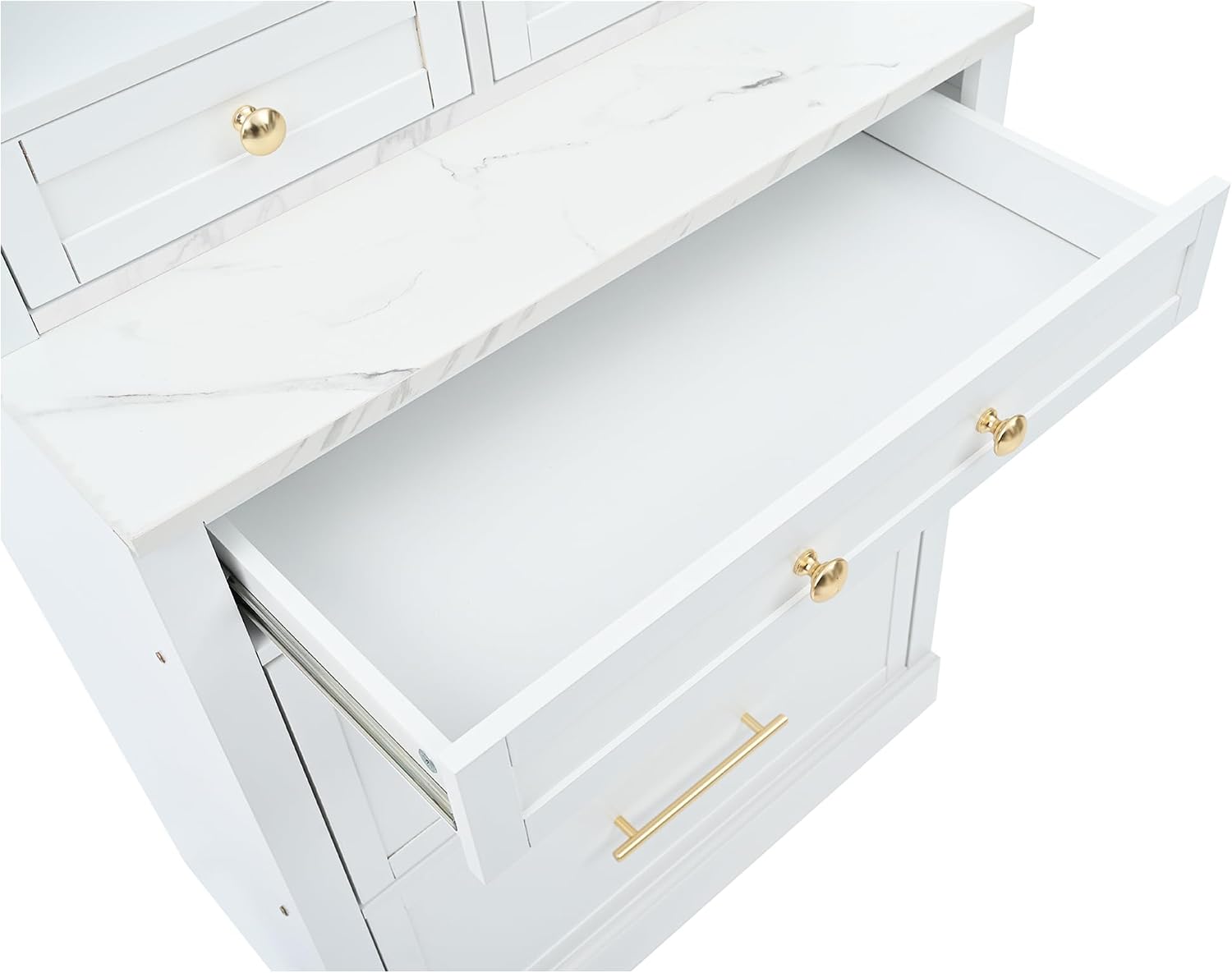 Modern 83.7inch High Kitchen Pantry, Freestanding Tall Kitchen Hutch with Faux Marble Top,Cupboard Cabinet with 5 Storage Drawers and Adjustable Shelf, Set of 2 (White-074)