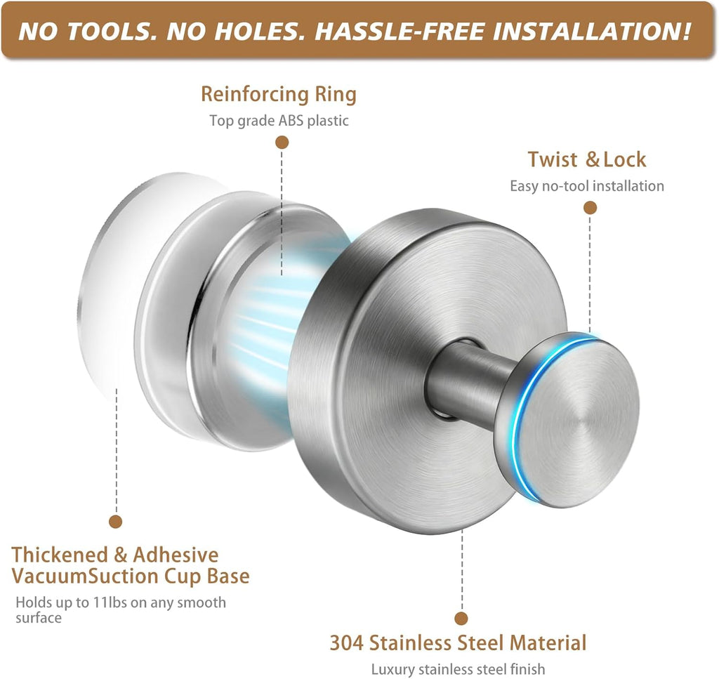 Suction Cup Hooks, Removable Shower Hooks, 4-Pack, Brushed Nickel | No Wall Damage | Strong Hold on Tile, Mirrors & Glass | Bathroom & Kitchen Use | Perfect for Towels, Loofahs, Robes & Coats