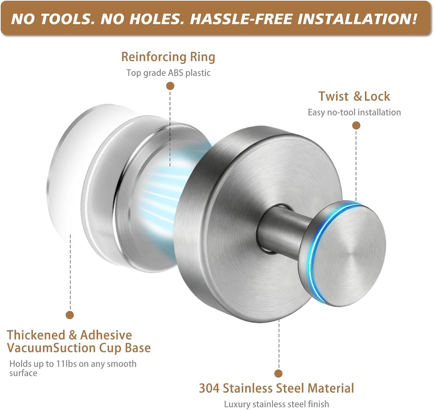 Suction Cup Hooks, Removable Shower Hooks, 4-Pack, Brushed Nickel | No Wall Damage | Strong Hold on Tile, Mirrors & Glass | Bathroom & Kitchen Use | Perfect for Towels, Loofahs, Robes & Coats