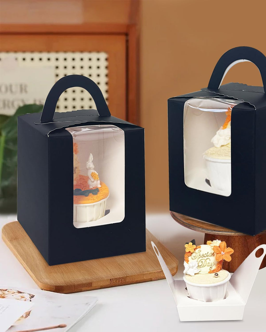 Bakepacker Individual Cupcake Boxes with Window 100 Count Black Single Cupcakes Box 3.6"X3.6"X4.3" Cupcake Carrier