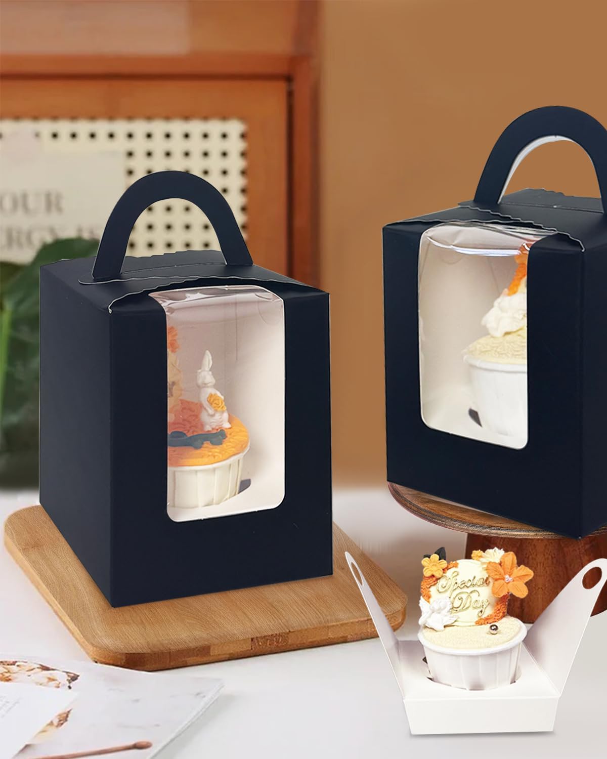 Bakepacker Individual Cupcake Boxes with Window 100 Count Black Single Cupcakes Box 3.6"X3.6"X4.3" Cupcake Carrier