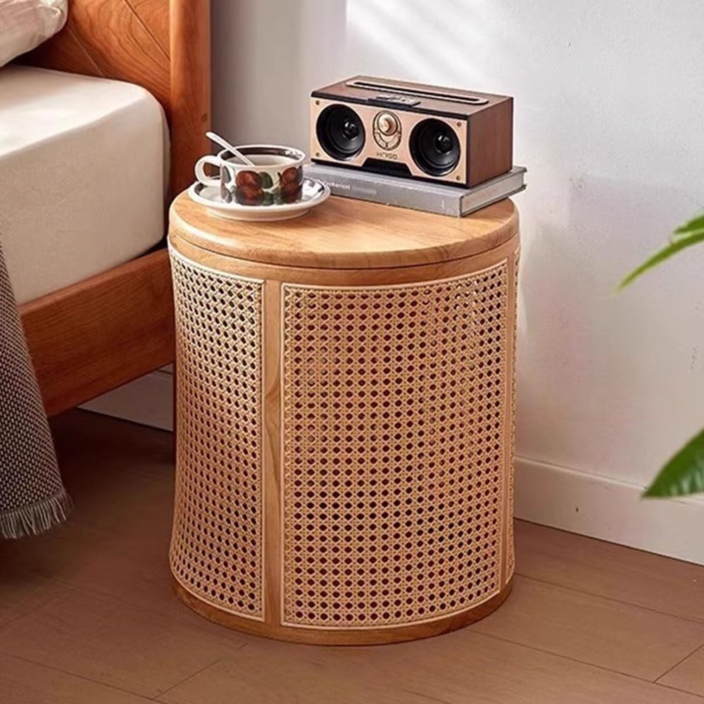 Wood Round Side Table with Storage Woven Rattan-Accent End Table Modern Accent Coffee Bedside Table for Living Room Heavy Duty(Natural)