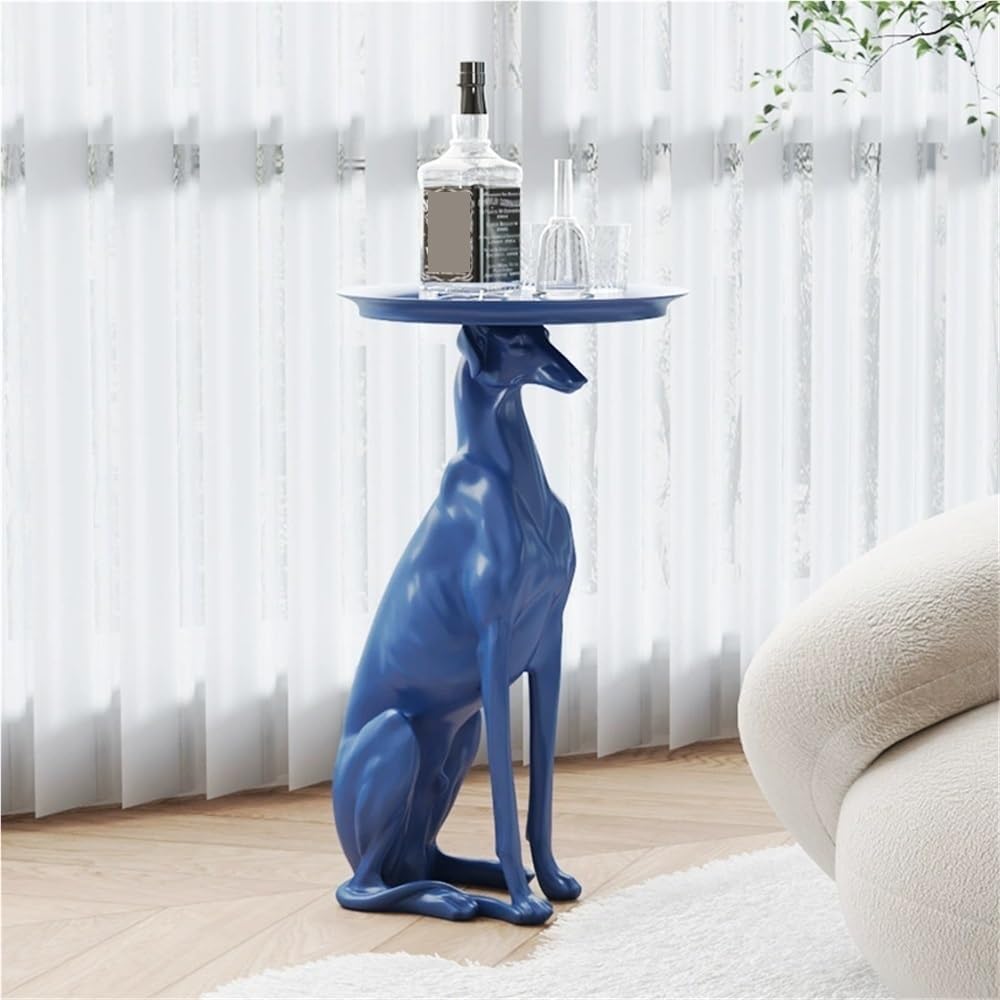 Dog Decorative Tray Side Table, Resin Animal Sculpture End Table for Living Room Entryway, Multi-Functional Serving Table for Drinks Keys Remote(Blue)