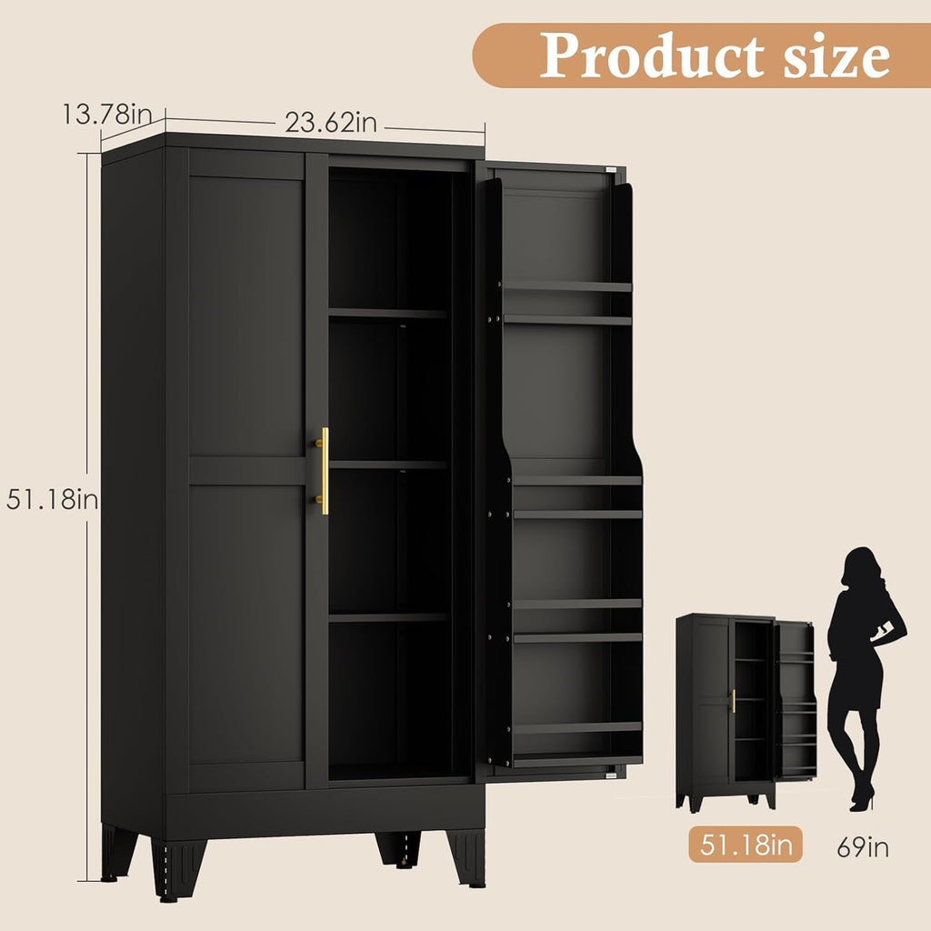 51" H Tall Metal Kitchen Pantry Storage Cabinet, Freestanding Storage Cabinets with Magnetic Doors and Adjustable Shelves, Black Metal Pantry Cabinet for Dining Room and Living Room.