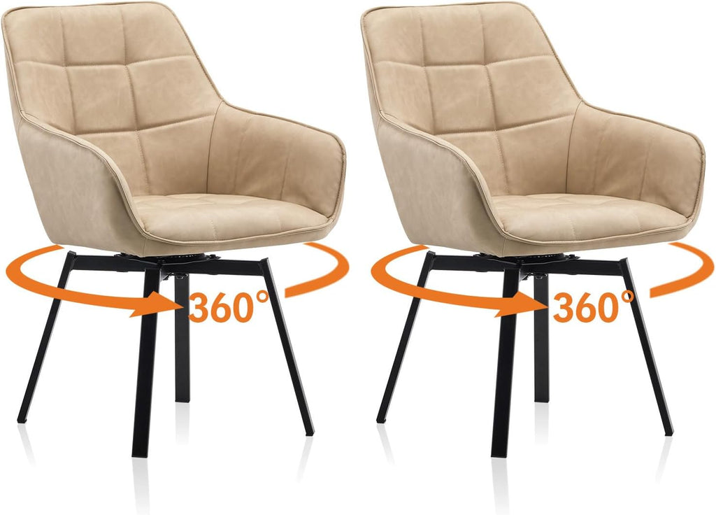 TUKAILAi Swivel Dining Chairs Set of 2, Faux Leather Dining Chairs with Arms & Metal Legs, Upholstered Mid Century Rotatable Kitchen Chairs for Living Room Bedroom Kitchen Restaurant (Cream)