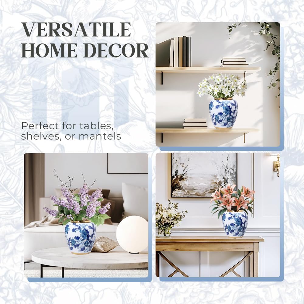 Blue and White Porcelain Vase with Gold Trim - Chinoiserie Style Ginger Jar for Vintage Home Decor, 11 Inches Tall