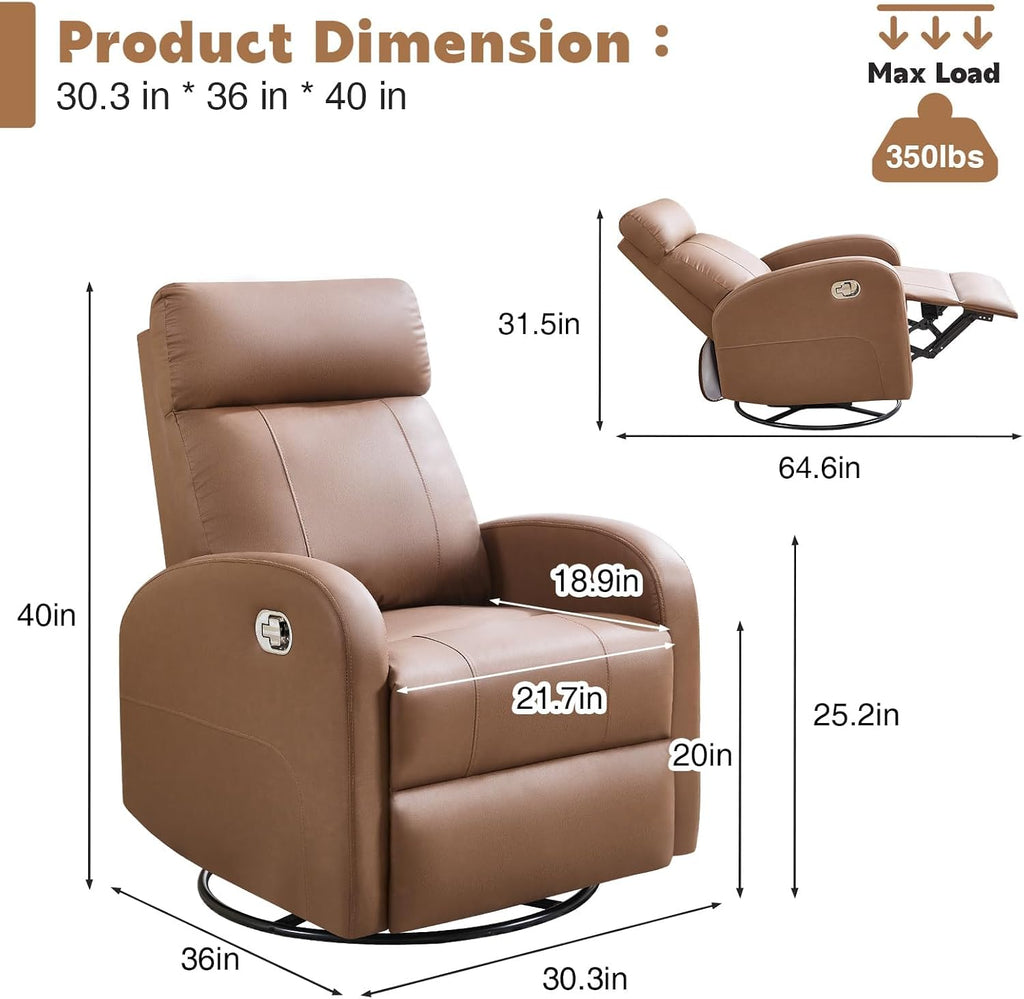 Swivel Rocker Recliner Chairs, Manual Faux Leather Recliners, 360° Swivel Nursery Reclining Chair Glider Rocking Recliner with Adjustable Headrest Highback for Living Room, PU Coffee