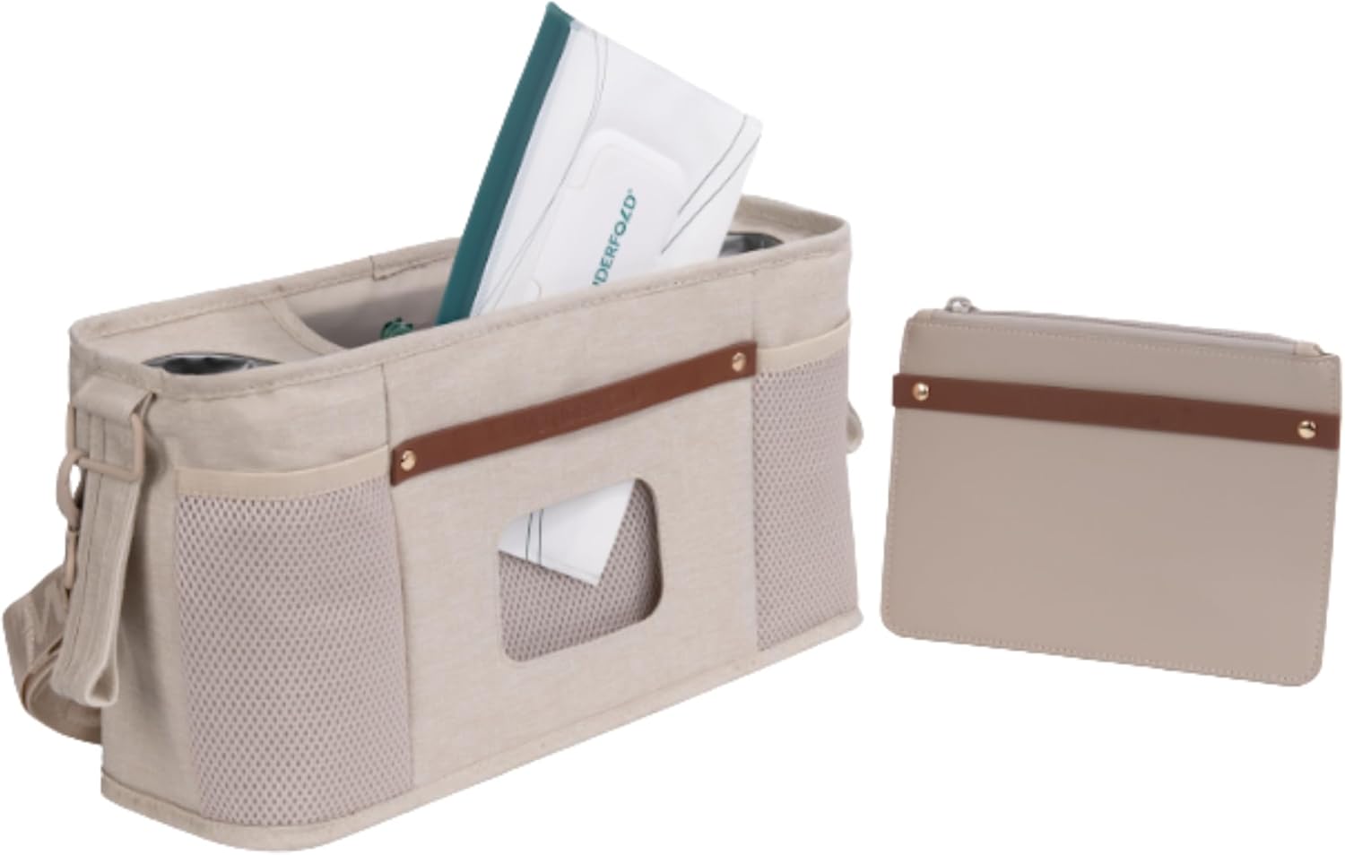 WONDERFOLD Universal Parent Console Stroller Organizer with Insulated Cup Holders, Hook & Loop Closure Handle Attachment, 2 Storage Pockets, Removable Shoulder Strap for Easy Transport