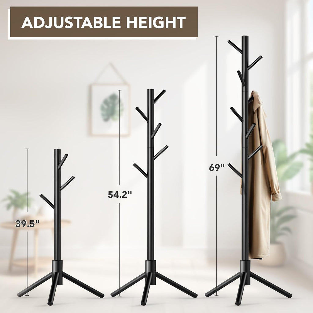 Hupmad Wooden Tree Coat Rack Stand,Sturdy Freestanding Coat Rack with 8 Hooks,3 Adjustable Height for Child Adult,Wood Coat Stand Tree Fits Entryway Bedroom Office for Bags,Hats, 2 Pack