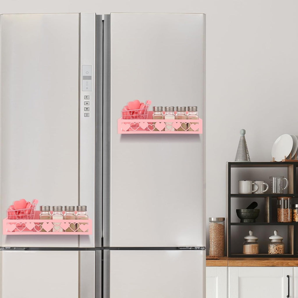 Beeveer 2 Pack Heart Magnetic Spice Rack for Refrigerator Metal Magnet Basket Shelf for Fridge Seasoning Storage Organizers Home Decor Kitchen Accessories (Pink)