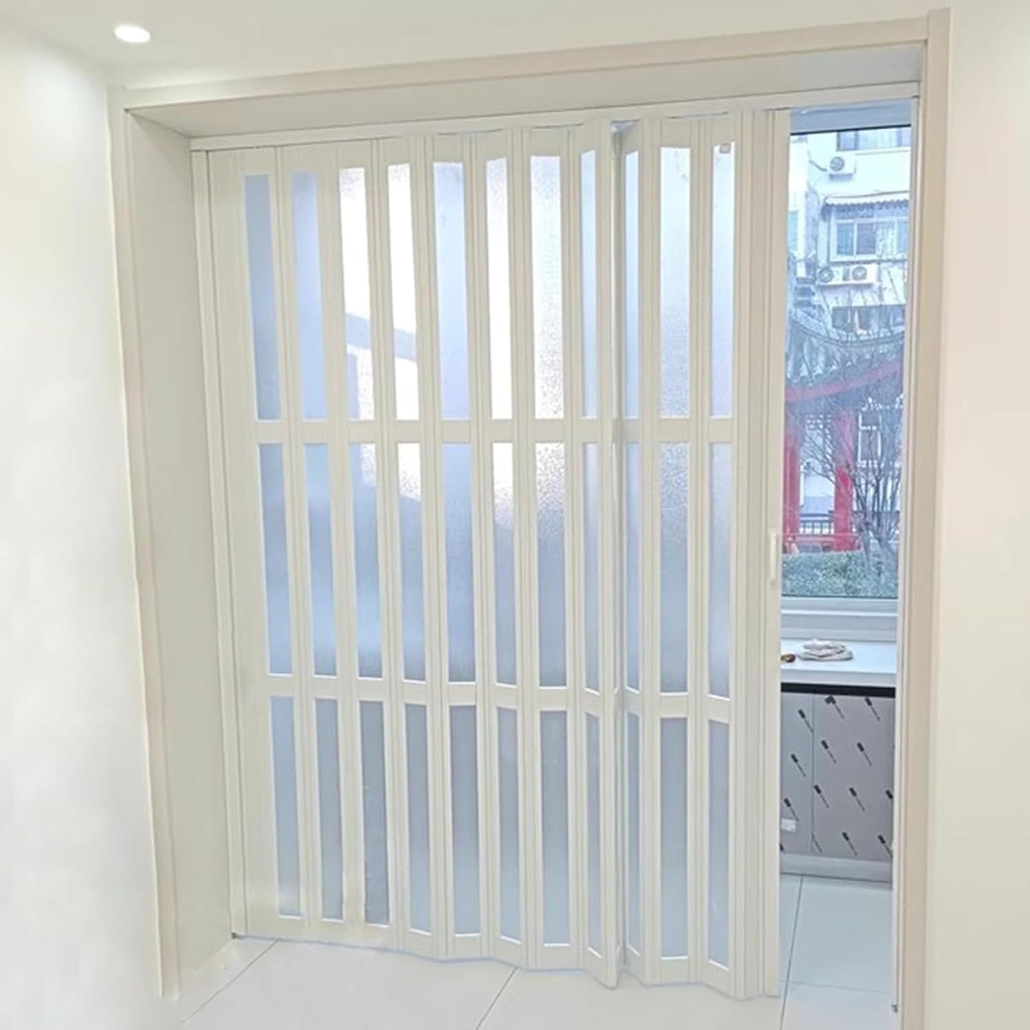 PVC Waterproof Accordion Door, Tall White Sliding Accordion Doors with Handles & Acrylic Glass, Customizable Size/Color Folding Door, Folding Double Doors for Home/Office,44x78in