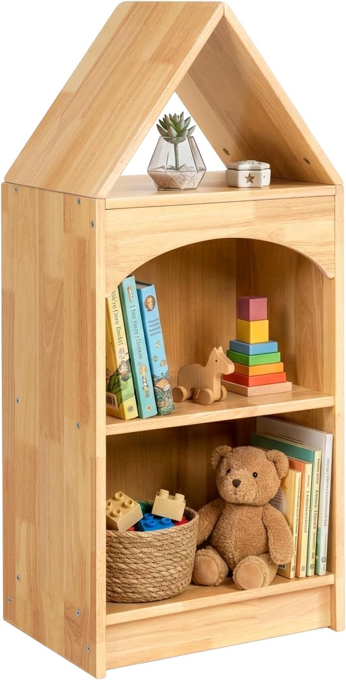 OOOK Rubberwood Montessori Shelf, 3-Tier Toy Organizers and Storage, Wood Corner Cabinet for Kids Room, Playroom, Nursery, Classroom, Kindergarten