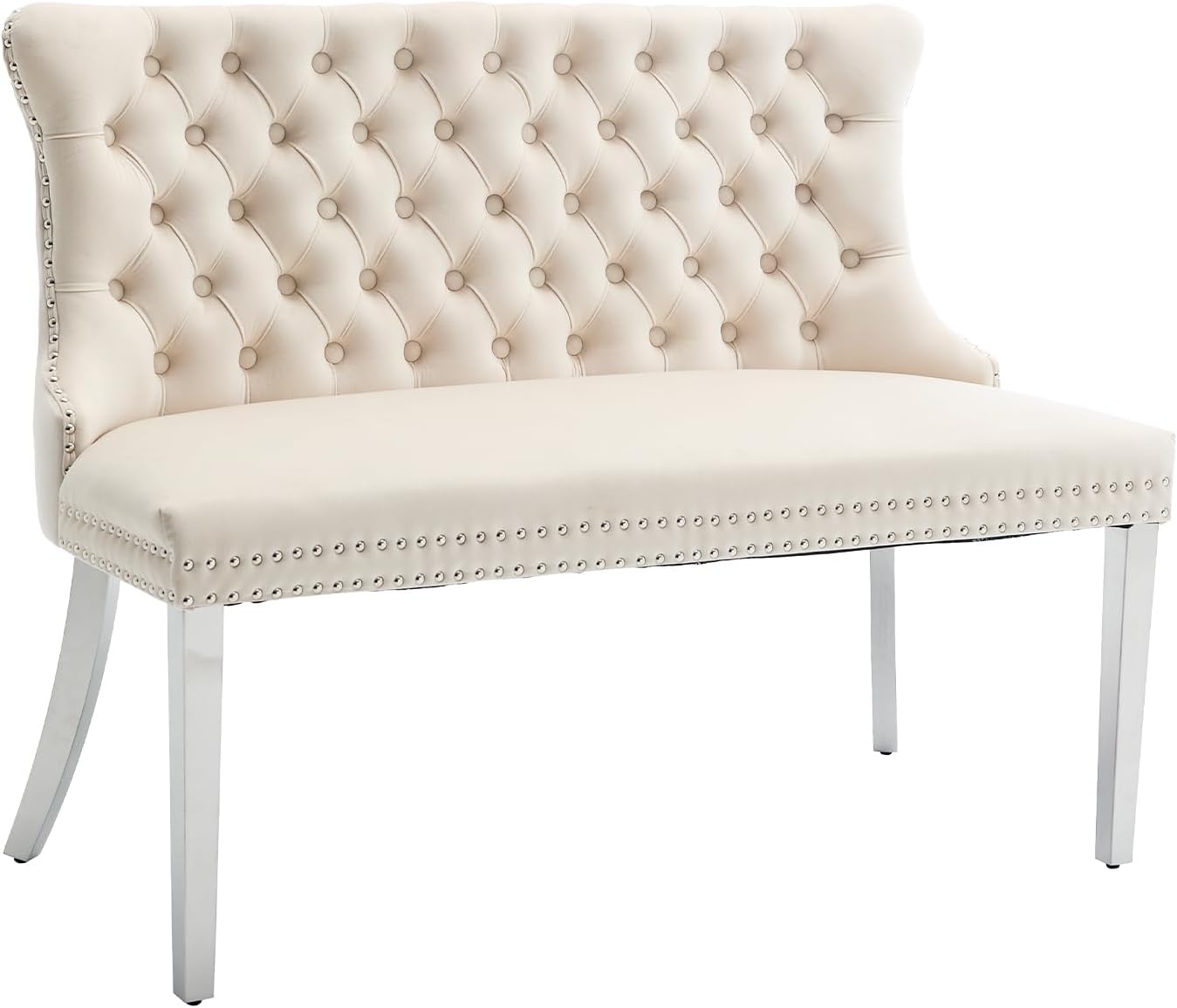 Shenyon Velvet Upholstered Dining Bench with Back, Tufted Loveseat Bench with Silver Stainless Steel Legs and Nailhead Trim, Banquette Seating for Dining Room, Kitchen, Entryway (Beige, Dining Bench)