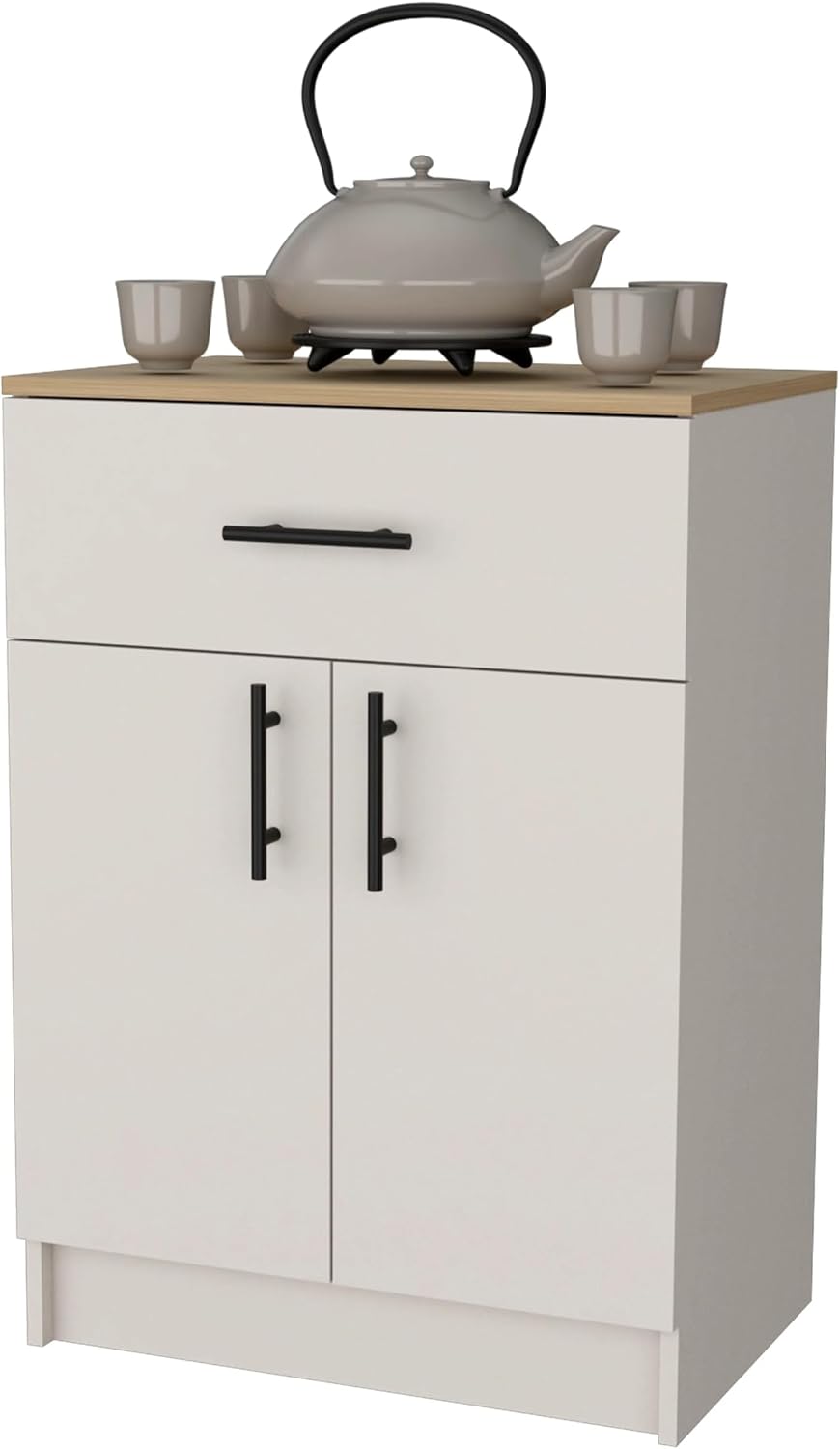 Ivory and Natural Oak 2-Door Kitchen Pantry with 1 Drawer,Buffet Kitchen Sideboard,for Kitchen,Dining Room,15.9 * 23.6 * 33.5