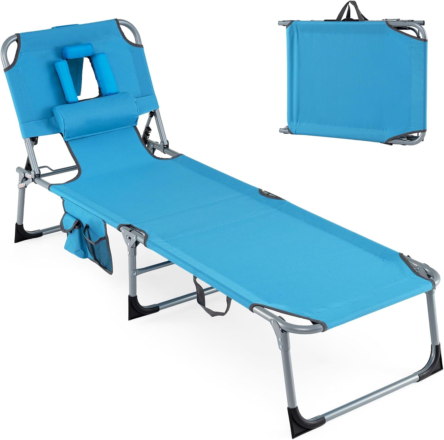 Goplus Tanning Chair, Folding Adjustable Patio Lounge Chair with Face Hole, Removable Pillow, 330LBS, Carry Strap, Outdoor Sunbathing Chair, Lightweight Portable Beach Lounge Chair (1, Navy)