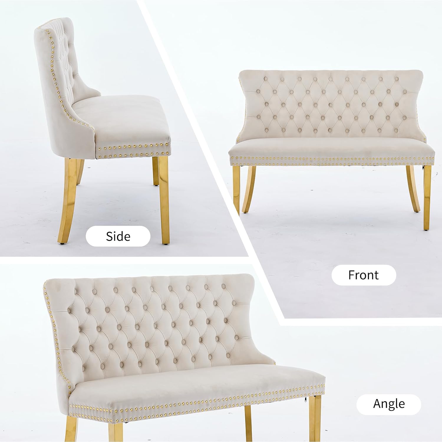 Shenyon Velvet Upholstered Dining Bench with Back, Tufted Loveseat Bench with Gold Stainless Steel Legs and Nailhead Trim, Banquette Seating for Dining Room, Kitchen, Entryway (Beige, Dining Bench)