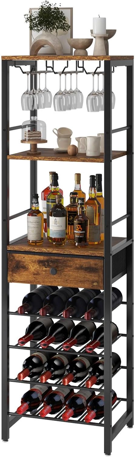 IBUYKE Wine Rack Freestanding Floor with Glass Holder,Brown TMJ905H | Bar Cabinet for Liquor and Glasses 4-Tier Coffee Bar Cabinet Glass Holder and Storage Drawer for Home Kitchen Living Room