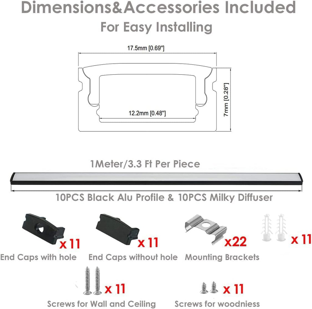 Besseto 10Pack 3.3Ft/1M Black LED Aluminum Channel,LED Strip Light Diffuser Aluminum Channel Profile Housing Extrusion for Under Cabinet Counter and Stairs (Black-10Pack 3.3ft)