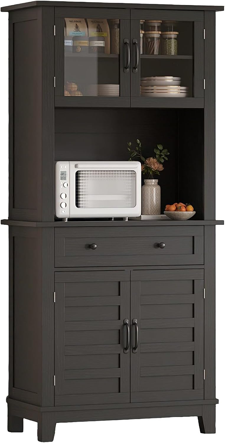 GarveeHome 72 in Tall Kitchen Pantry Cabinet, Kitchen Hutch Bar Cabinet with Microwave Stand, Cupboard with Drawers Glass Doors for Dining Room, Living Room, Dark Black