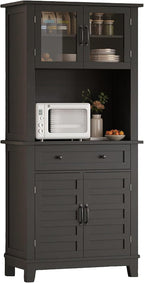 GarveeHome 72 in Tall Kitchen Pantry Cabinet, Kitchen Hutch Bar Cabinet with Microwave Stand, Cupboard with Drawers Glass Doors for Dining Room, Living Room, Dark Black