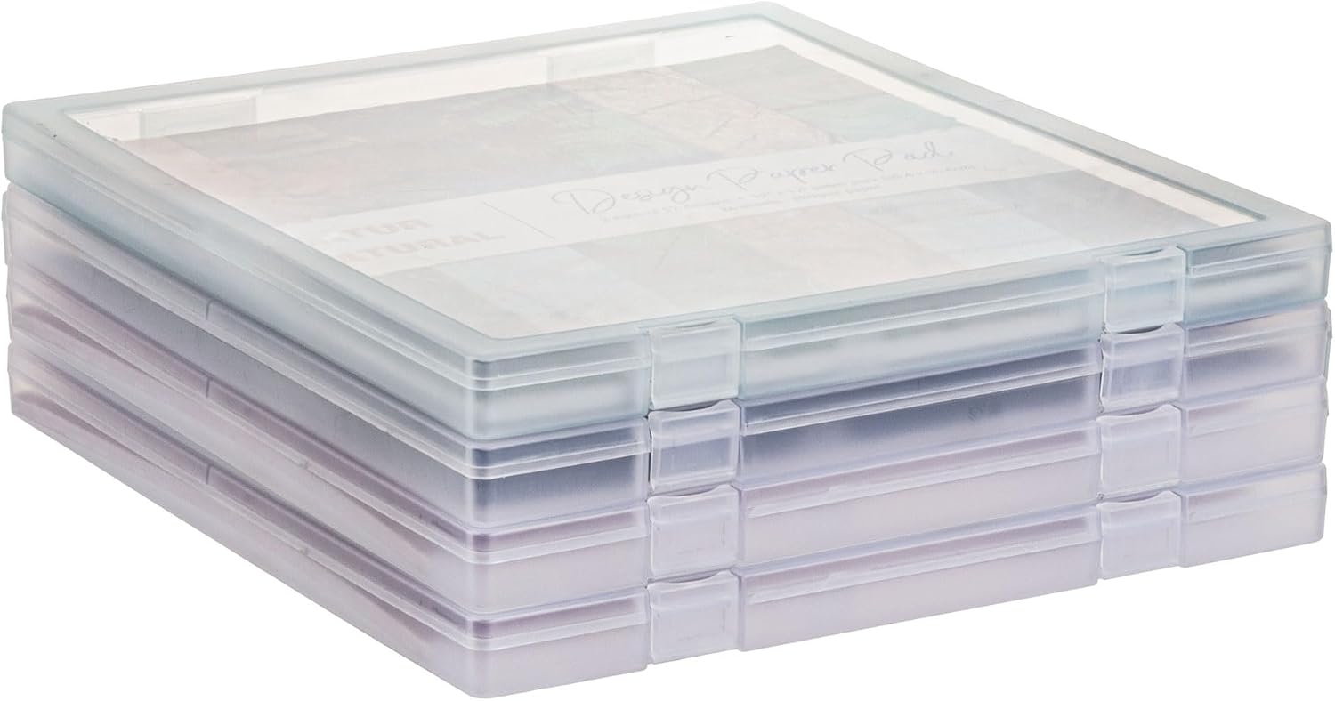 4 Pack Scrapbook Paper Storage, 12x12 Plastic Paper Organizer Box, Stackable Portable Document Holder, Craft Organizer Storage, Photo Storage Box Sticker Art Supplies Organizers (White, 4Pcs)