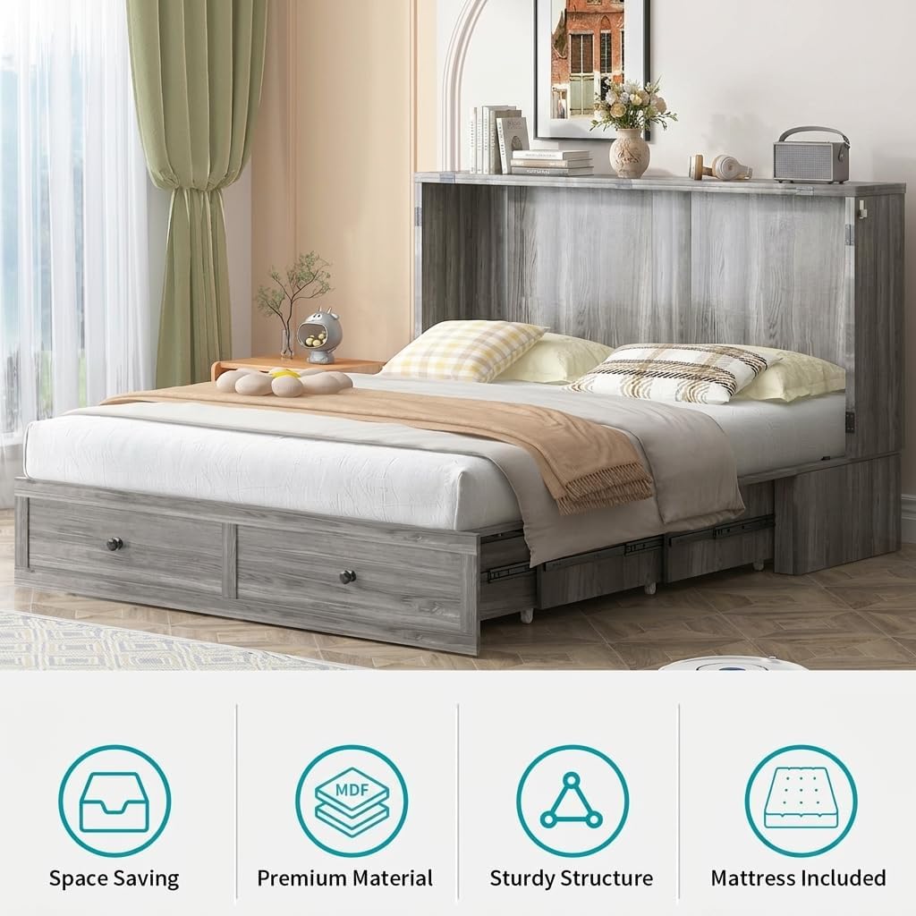 BALUS 57" Width Murphy Bed with Mattress, Full Size Cabinet Bed Frame with USB Charging Station & Large Storage Drawer, Full Murphy Bed, Cabinet Beds for Bedroom/Guest, Dark Grey
