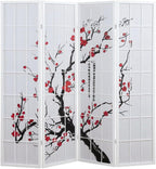 FurniFact White 4-Panel Wood Room Divider, Folding Privacy Screen, Fabric Panels, Floral Print, Oriental Style, 70 Inch, Freestanding