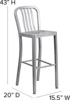 Flash Furniture Gael 30" Commercial Metal Barstools with Footrest, Vertical Slat Back Bar Height Stools for Restaurants and Kitchens, Set of 2, Silver