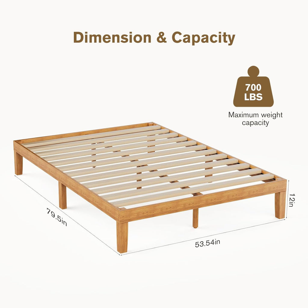OLIXIS Full Size Bed Frame, 12 in Heavy Duty Platform Bedframe, Underbed Storage, 700 LBS Capacity, No Box Spring Needed, Wooden Slats,Easy Assembly, Honey Finish
